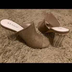 Nubuck open toe slide with clear heel. FIRE!